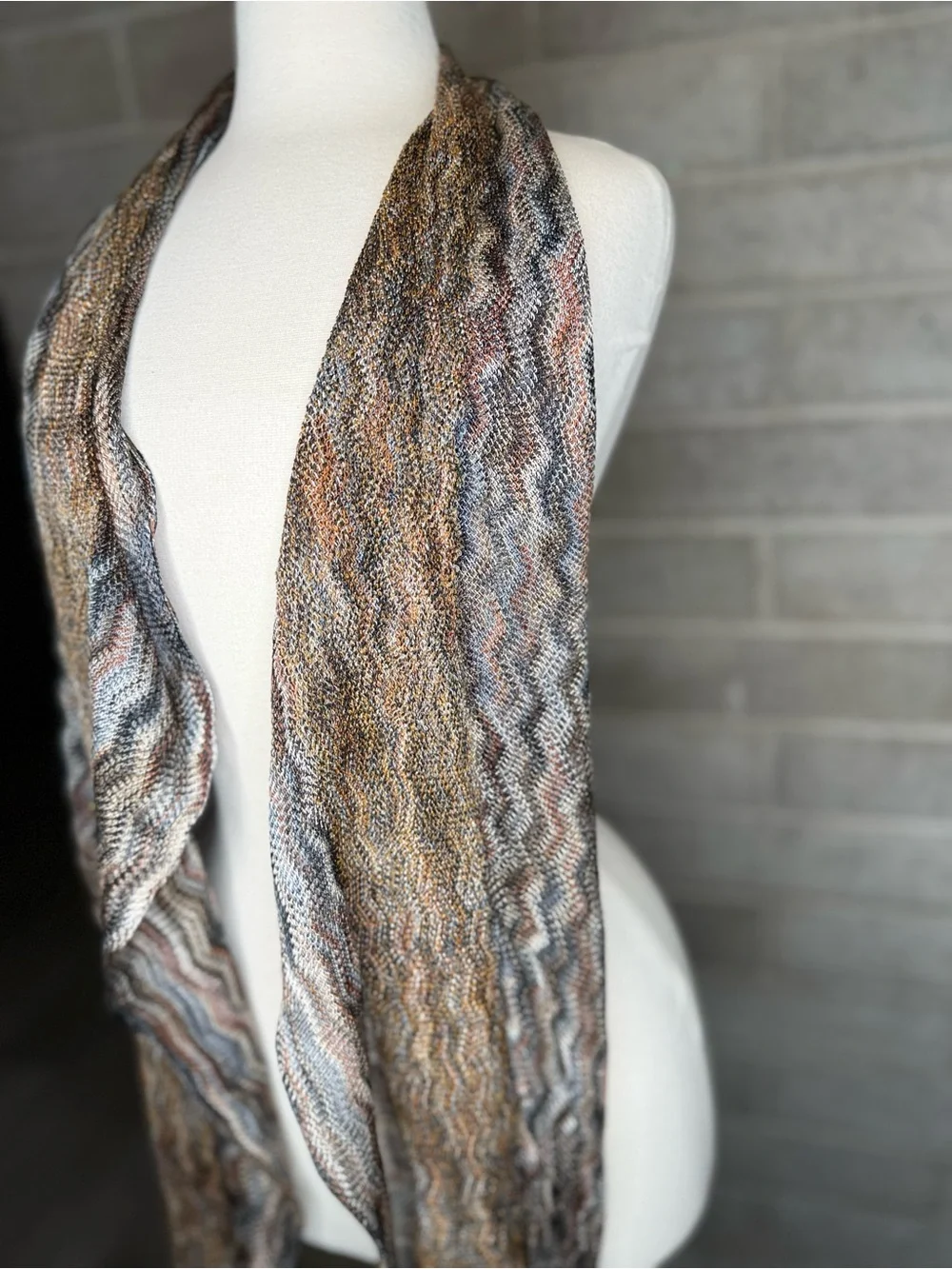 Zigzag Open Knit Scarf Shawl Wrap Brown Gray Orange Fringe Boho Lightweight
